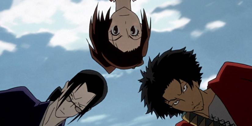 Fuu, Jin and Mugen are looking at something with serious expressions in Samurai Champloo.