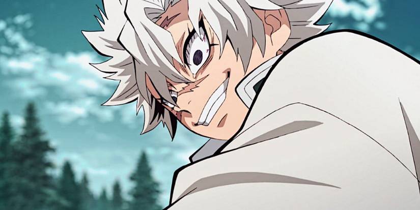 Sanemi grins with wide eyes in Demon Slayer anime