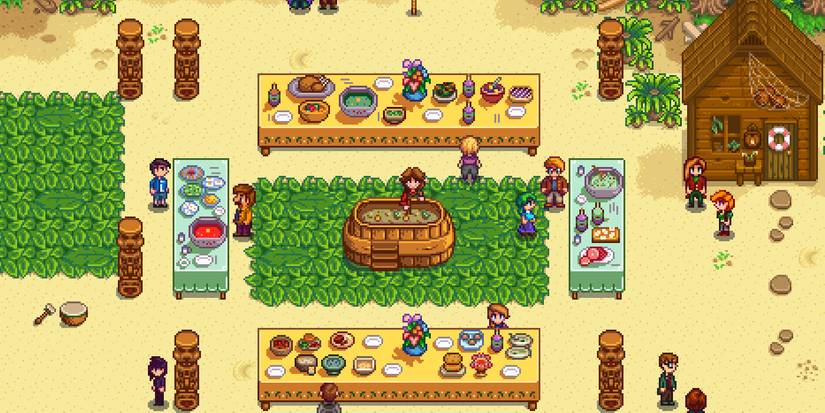 Stardew Valley residents gather for the luau festival in Stardew Valley.