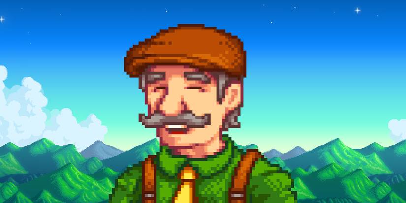 Mayor Lewis from Stardew Valley smiles in his green shirt, suspenders, and yellow tie.