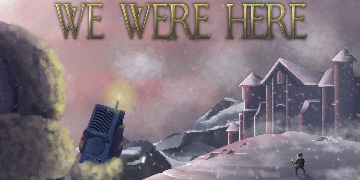 A person holding a walkie talkie looking upon a house with a person is standing a front of the house on the cover art for We Were Here.
