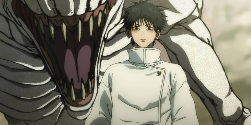 Rika Orimoto, a cursed spirit, is looming behind Yuta Okkotsu in Jujutsu Kaisen 0.