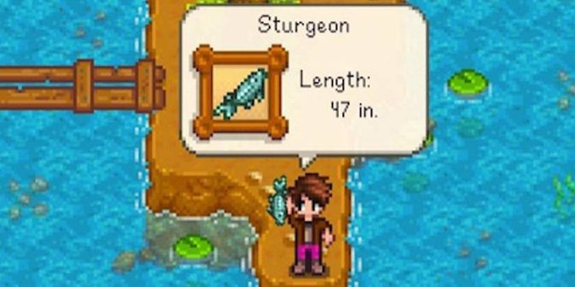 A player catches a Sturgeon fish in Stardew Valley.