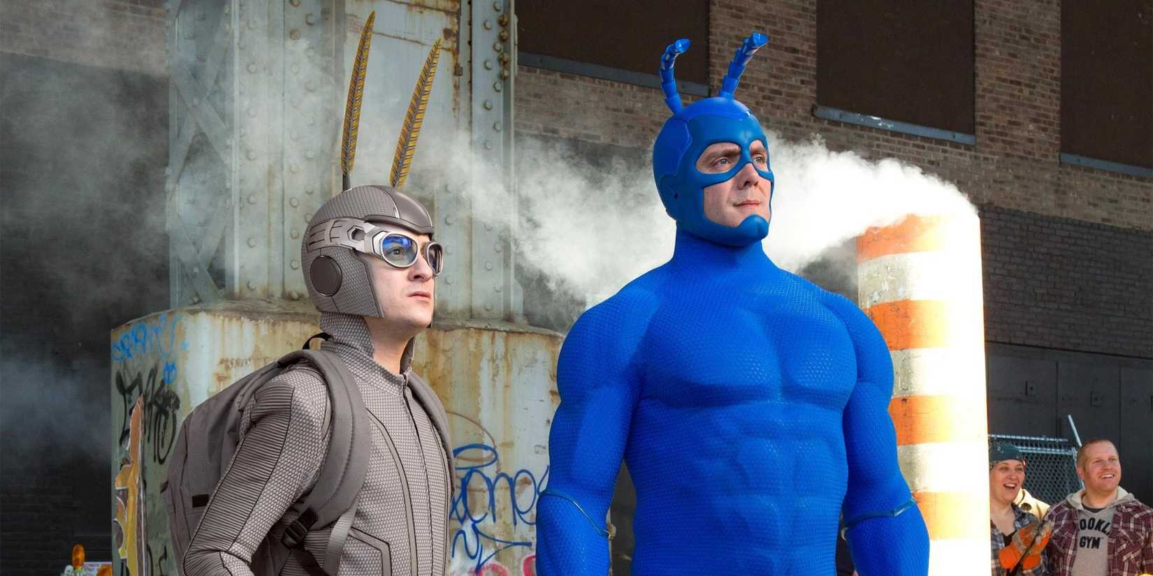 The Tick stands next to his sidekick, Arthur, on Amazon Prime Video