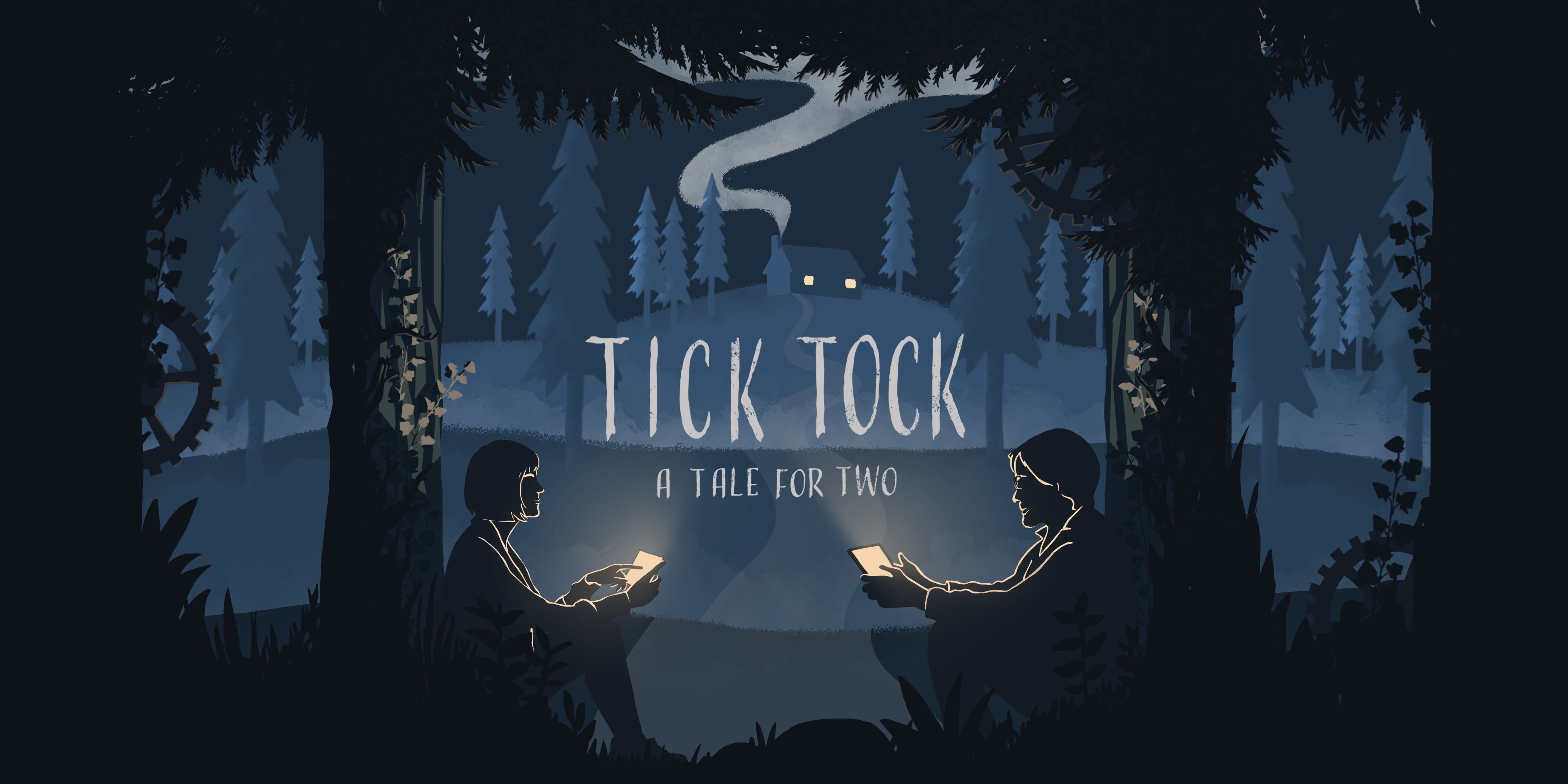 Dois personagens olham para seus celulares em uma floresta escura na arte da capa de Tick Tock: A Tale for Two