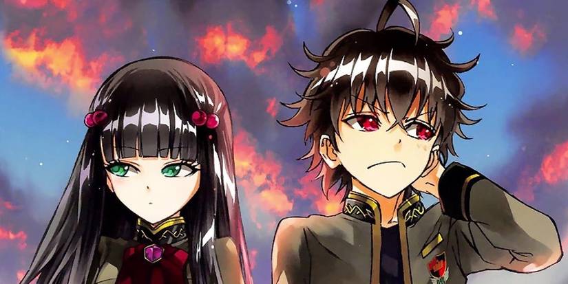 An awkward moment between the main characters of Twin Star Exorcists.