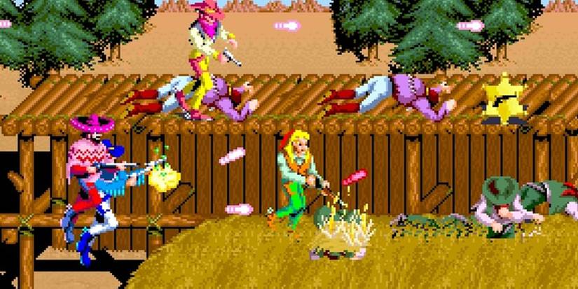 Players shoot away in the Sunset Riders the arcade game.