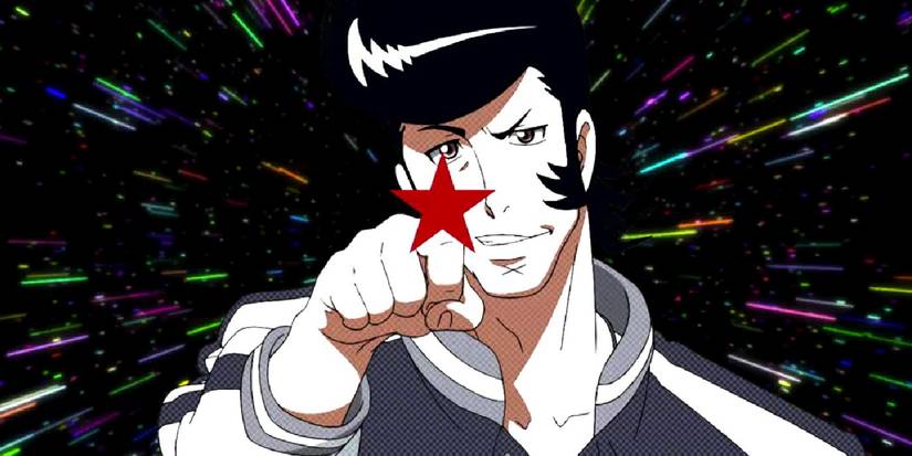 Dandy flicks a red star in Space Dandy with space in the background