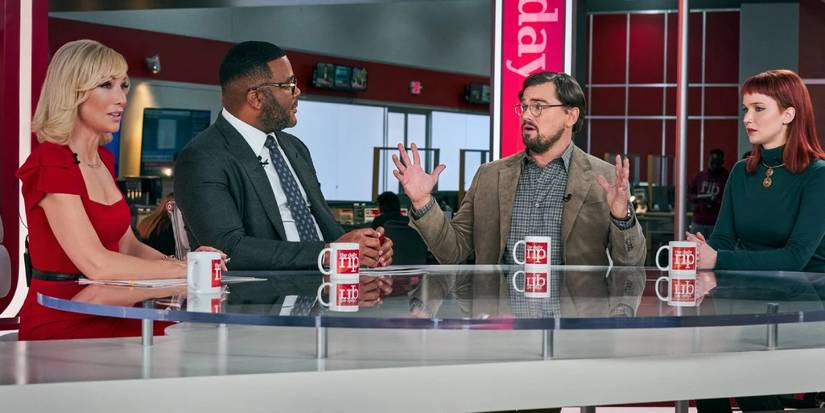 The news cast discuss the current events in Don't Look Up