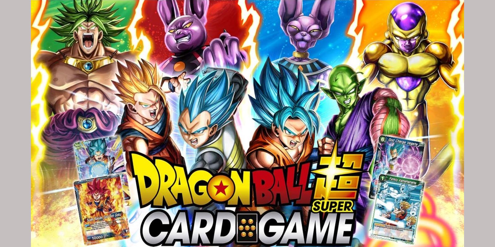 Broly, Gohan, Champa, Vegeta, Goku, Beerus, Piccolo e Freeza junto com os cartões Dragon Ball Super Card Game