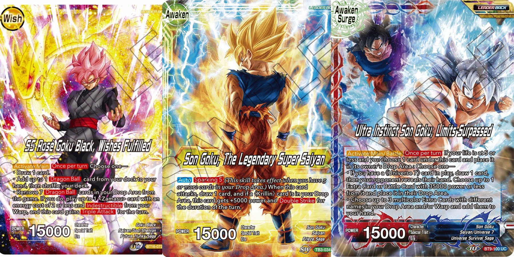 Um Zamasu/Goku Black Wish Leader, um Goku Awaken Leader e um Goku Awaken Surge Leader em Dragon Ball Super Card Game
