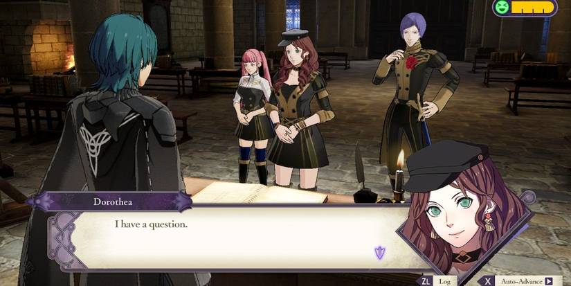 Screenshot depicting several students about to inquire more about the lecture, as seen in Fire Emblem: Three Houses.