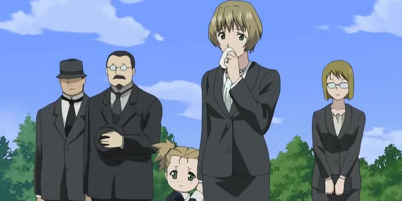 Gracia and Elecia Hughes, Full Metal Alchemist, mourn Maes Hughes' funeral 