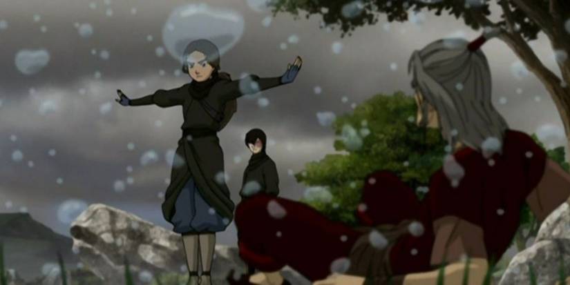 Katara stopping the rain around herself, Zuko, and the elders Southern Raider. 
