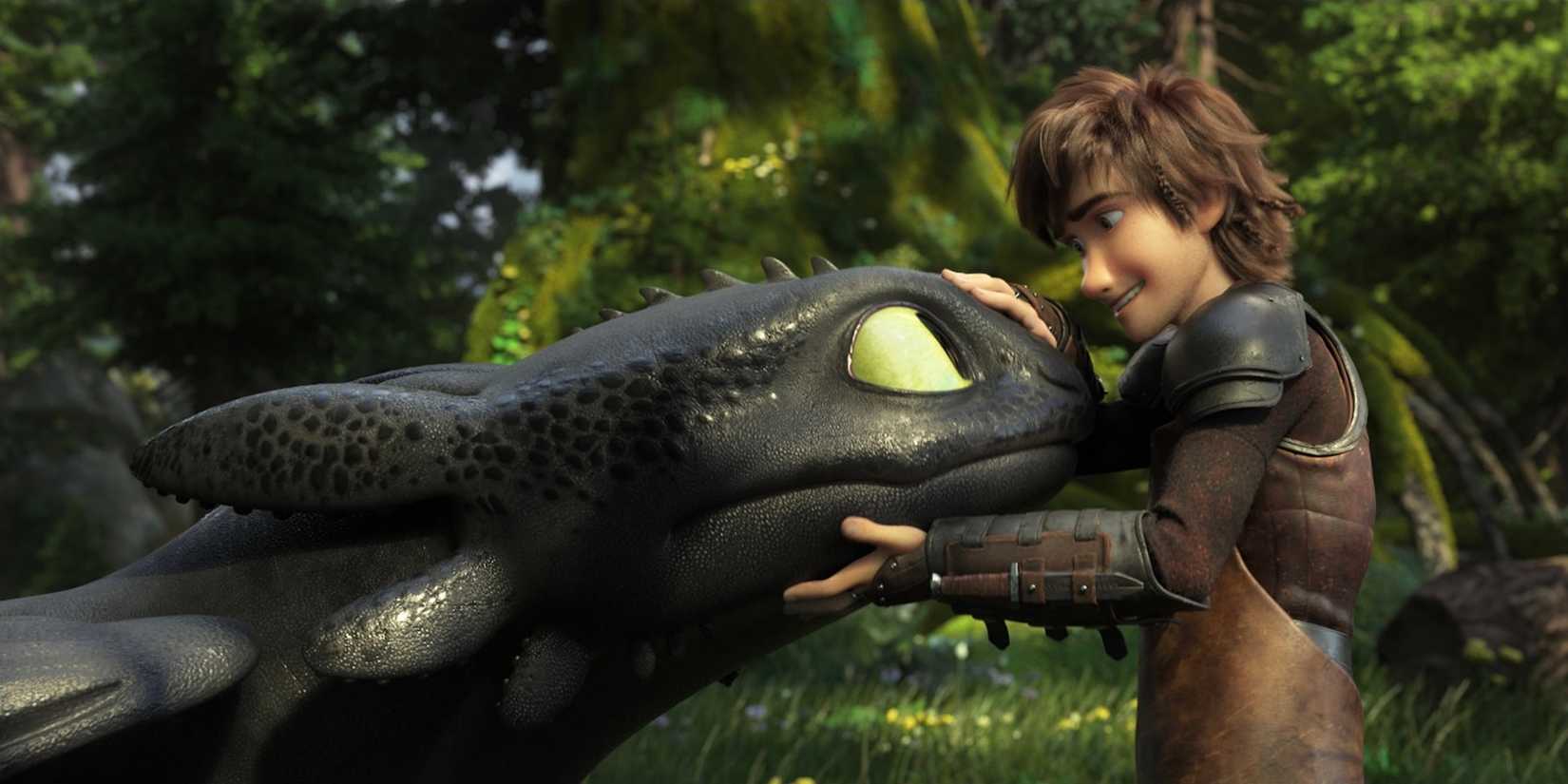 Hiccup smiling at Toothless in How to Train Your Dragon.