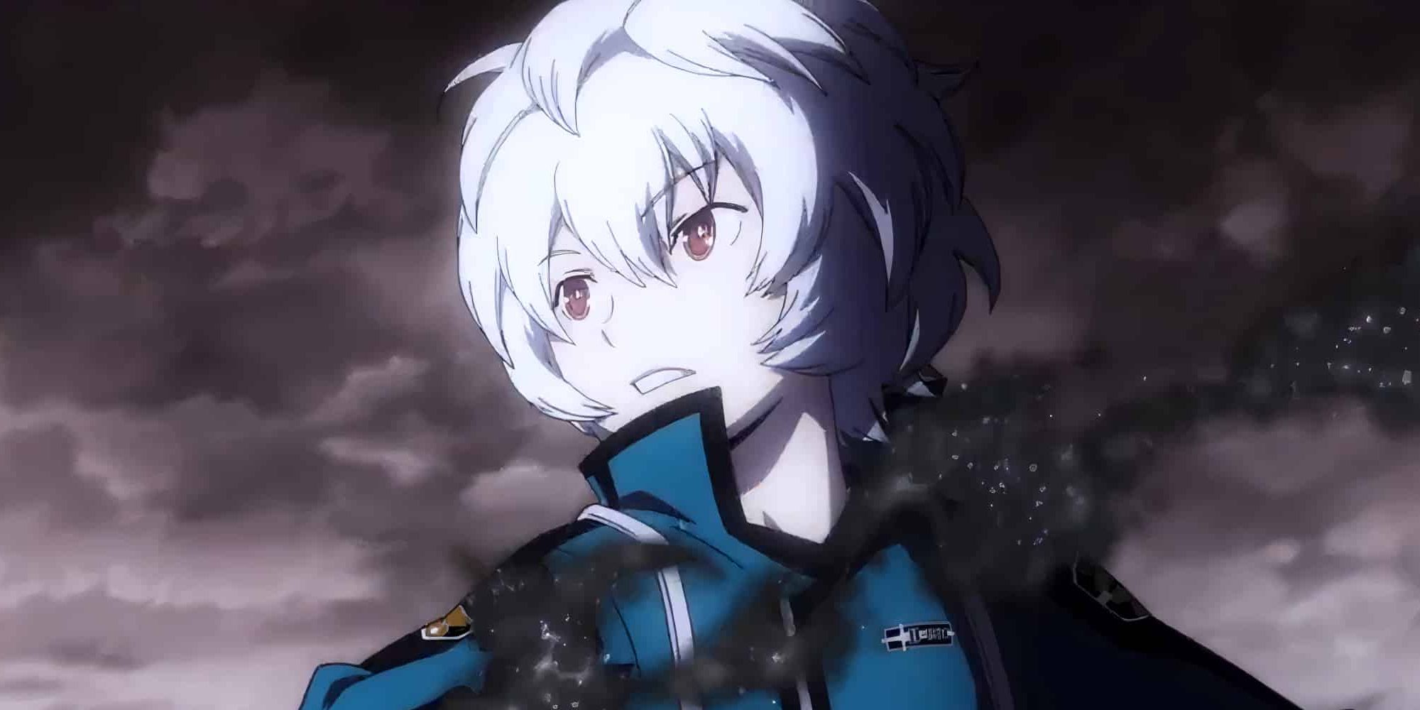 Yuma Kuga réfléchit à ses options devant un ciel gris et nuageux dans World Trigger.