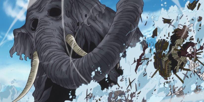 Zunesha destroys Jack's fleet and makes a large wave during the Zou Arc in One Piece.