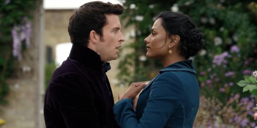 Kate pacifies Anthony after she gets stung by a bee in Bridgerton.