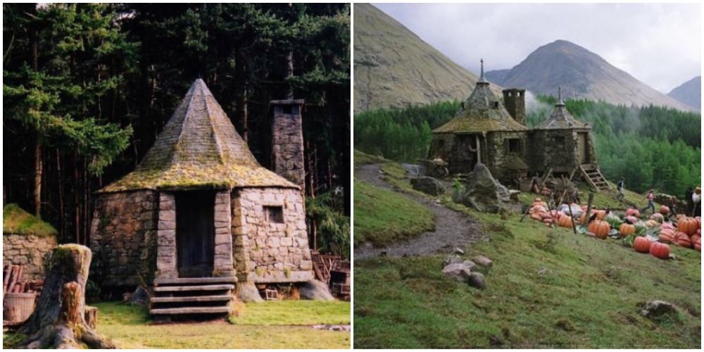 A cabana de Hagrid nos dois primeiros filmes, a cabana de Hagrid depois de Prisioneiro de Azkaban