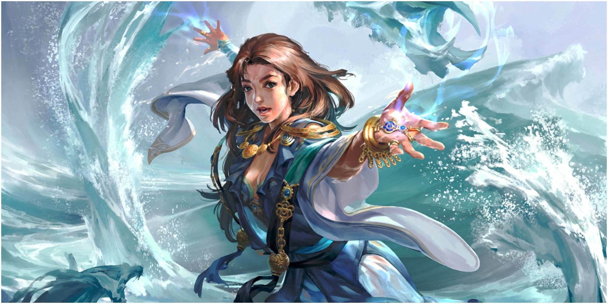 Female Circle of the Sea Druid surrounded by swirling ocean waves and spray