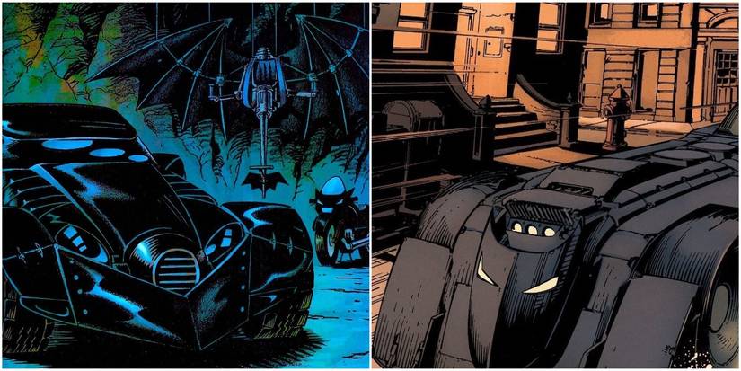 A split image of Batmobiles from different eras