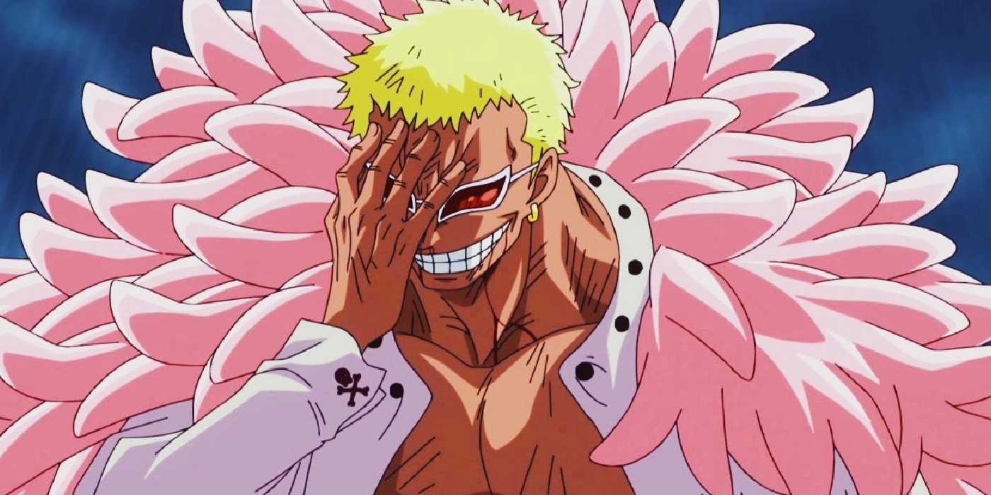 Donquixote Doflamingo laughs while facing Luffy during One Piece's Dressrosa Arc.