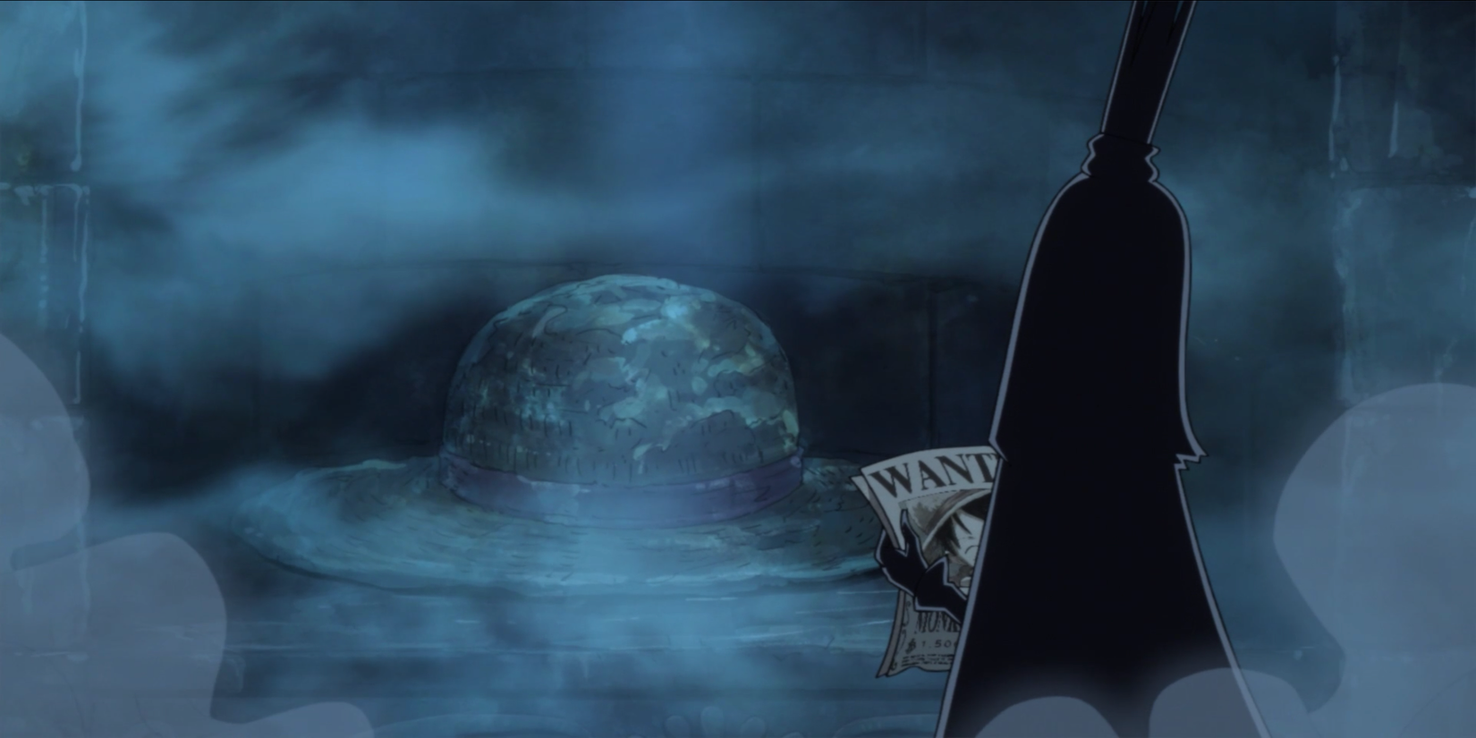 Imu tenant une affiche de recherche et regardant le chapeau de paille géant de Marijoa dans One Piece