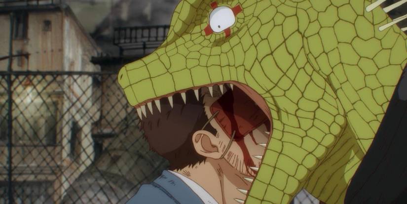 Kaiman biting a head in Dorohedoro