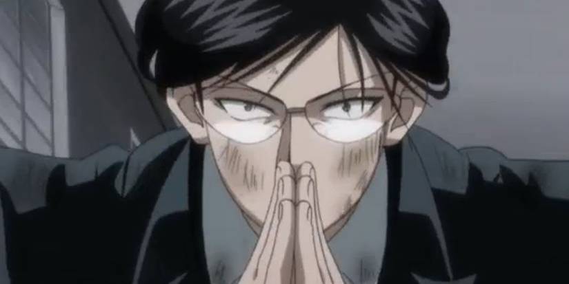 Knov clasping his hands together to activate his portal, Hide and Seek, in Hunter x Hunter.