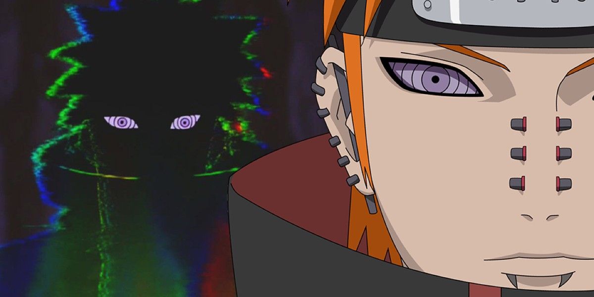 A collage of Pain from Naruto shows images of him in a shadowy form and in a close-up.