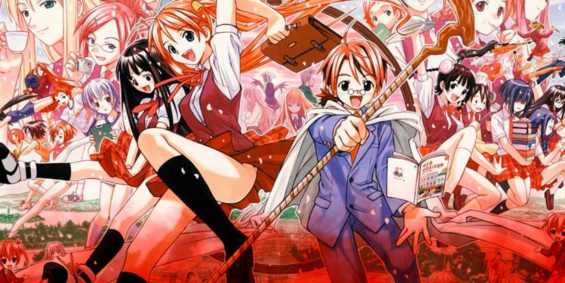 Mahou Sensei Negima's Negi wielding his wand, with the class of Class 3-A in the background behind him.