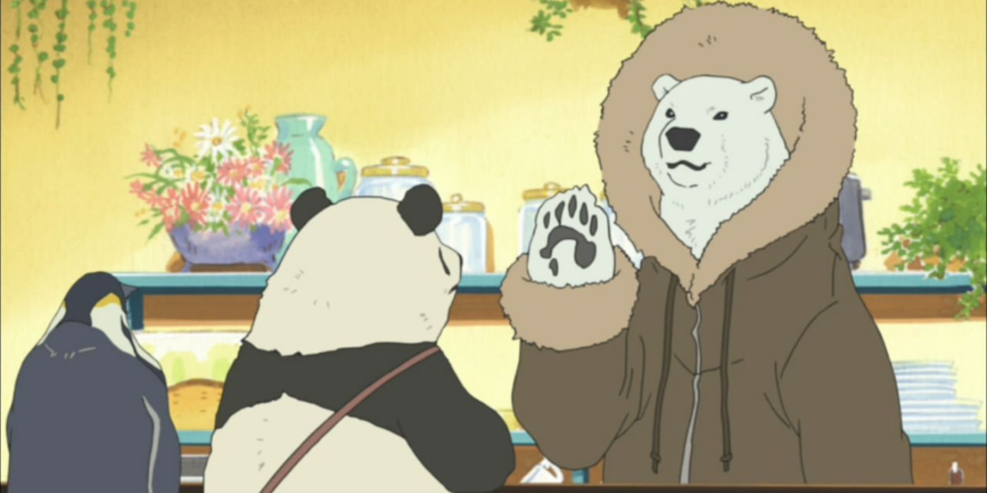 Shirokuma falando com Panda e Pinguim em Polar Bear Cafe