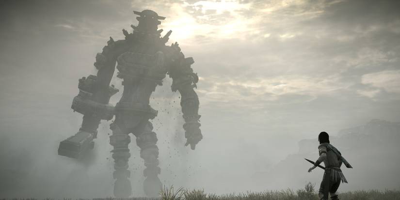 Walk in front of a distant colossus in the game Shadow of the Colossus