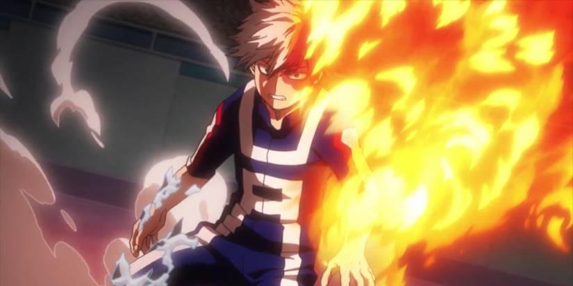 Shoto Todoroki utilizando fogo e gelo pela primeira vez durante o Festival Esportivo da U.A.