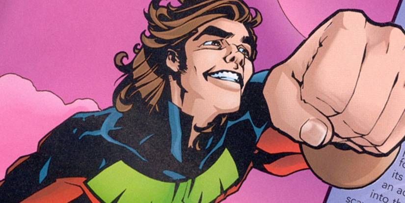 Ultra Boy from DC Comics grinning in flight