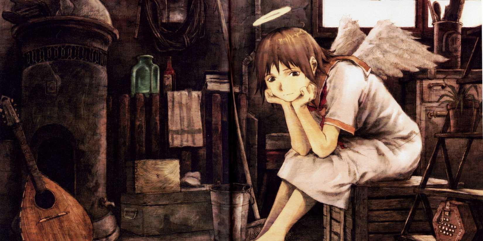 Rakka de Haibane Renmei est assis sur une boîte.