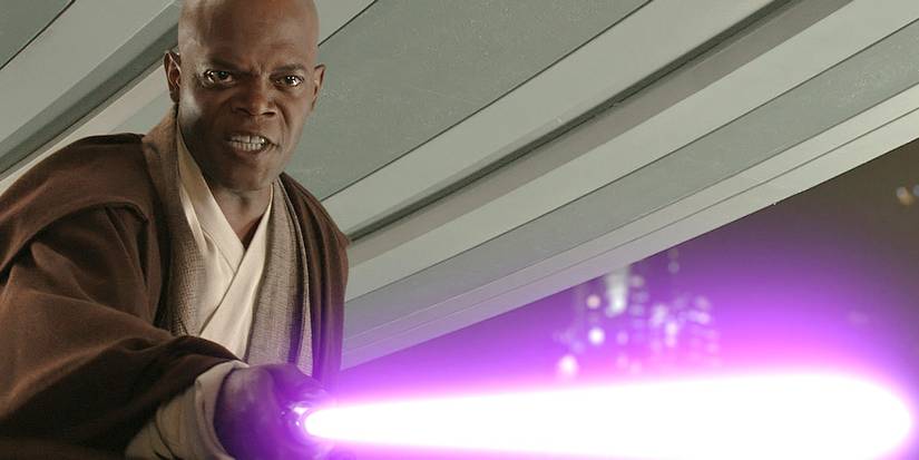 Mace Windu (Samuel L. Jackson) threatens Palpatine with his purple lightsaber in Star Wars Episode III: Revenge of the Sith.