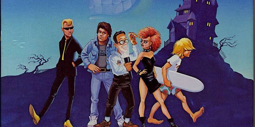 Dave and his friends stand in front of Dr. Fred's manor