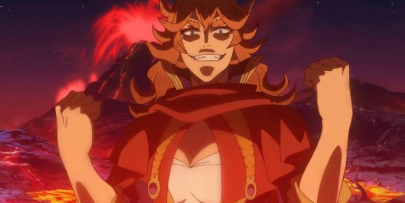 Mereoleona Vermillion cackling confidently with her fists clenched and raised up while standing in front of a volcano in Black Clover