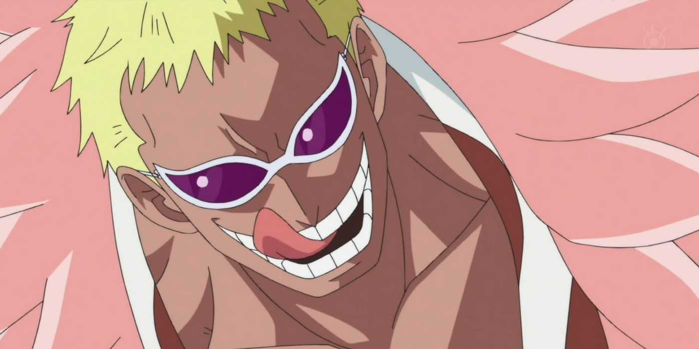 Doflamingo licking his teeth during the Summit War in One Piece.