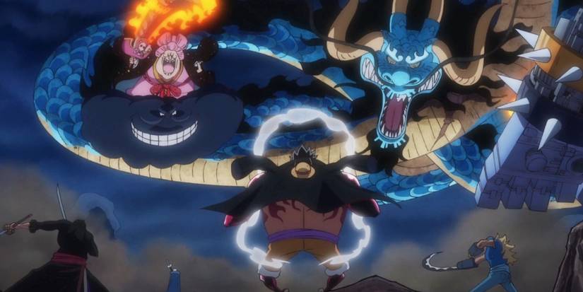 Luffy faces Big Mom and Kaido on the rooftop of Onigashima.