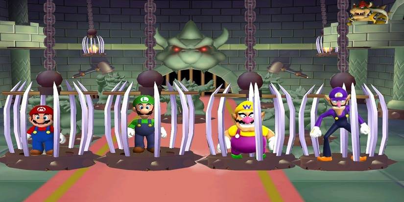 Mario, Luigi, Wario, and Waluigi stuck in cages in Mario Party 6.