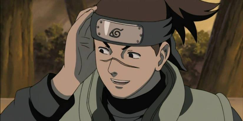 Iruka smiling with his palm against his head in Naruto
