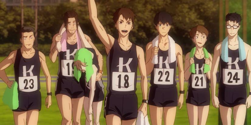 The Run With The Wind cast after a race with Haiji Kiyose in the middle waving.
