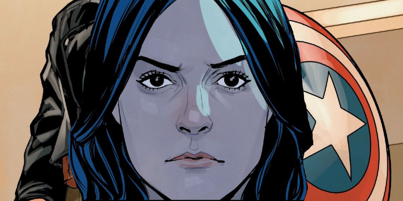 An image of Jessica Jones with Captain America's shield behind her