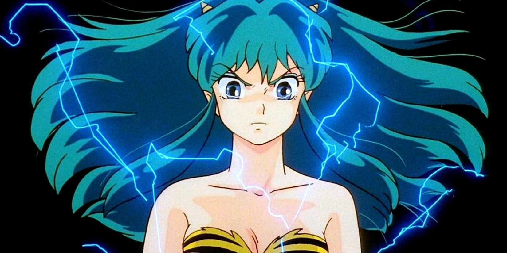 Lum makes an angry expression while lightning crackles around her in Urusei Yatsura.