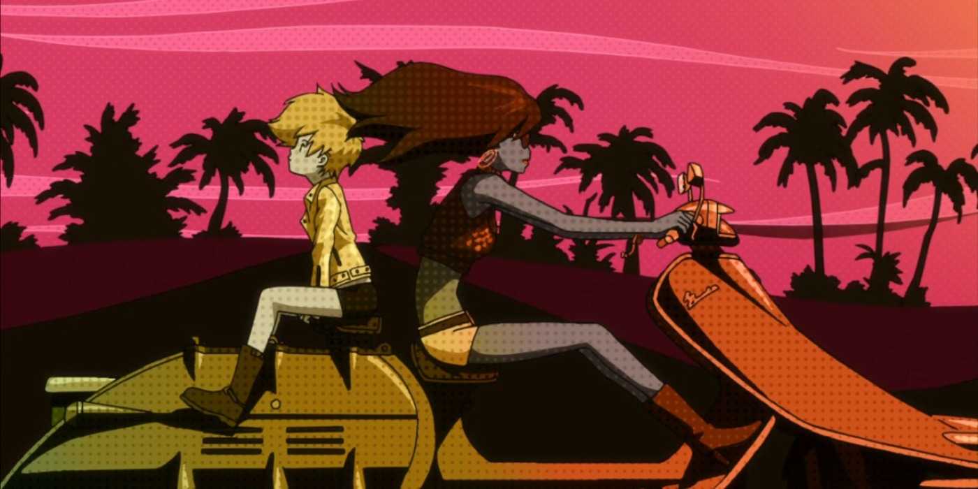 Michiko and Hatchin anime, Michiko and Hana riding on a motorcycle.
