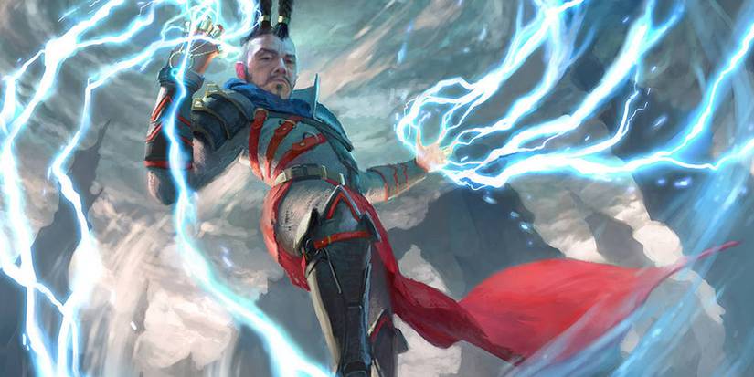 a storm sorcerer wearing red and white robes