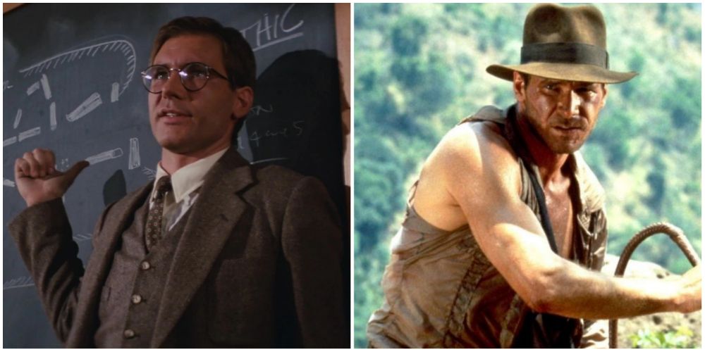 Split image: Indy lectures in front of the blackboard, Indy on an adventure holding his whip - Indiana Jones