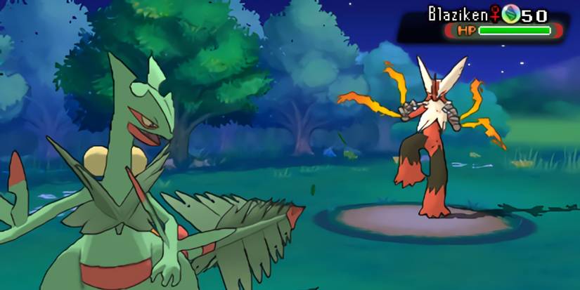 Mega Sceptile against Blaziken in Pokémon Omega Ruby.